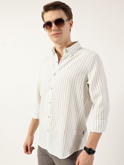 Thomas Scott Men White Premium Spread Collar Vertical Striped Slim Fit Casual Shirt
