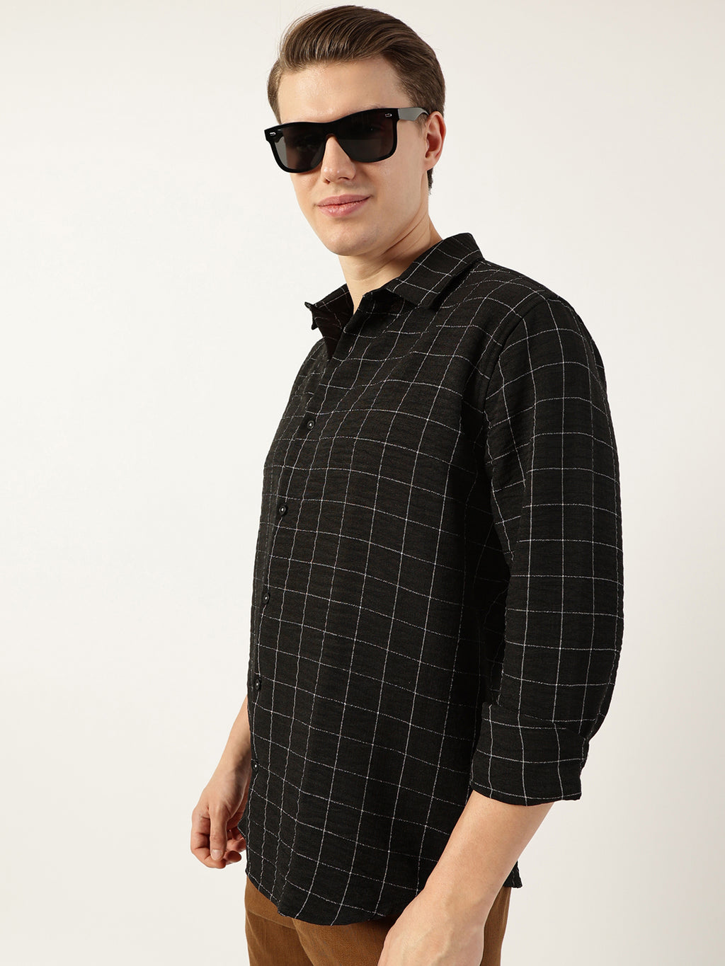 Thomas Scott Men Black Smart Spread Collar Windowpane Checked Slim Fit Casual Shirt