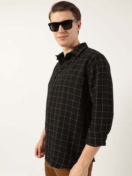 Thomas Scott Men Black Smart Spread Collar Windowpane Checked Slim Fit Casual Shirt