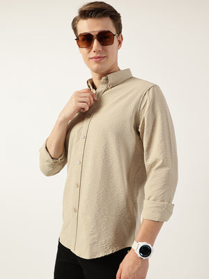 Thomas Scott Men Beige Smart Button-Down Collar Textured Solid Slim Fit Casual Shirt
