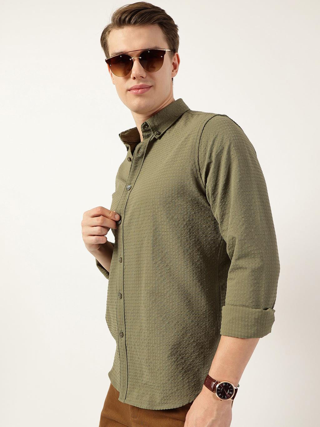 Thomas Scott Men Green Smart Button-Down Collar Textured Slim Fit Casual Shirt