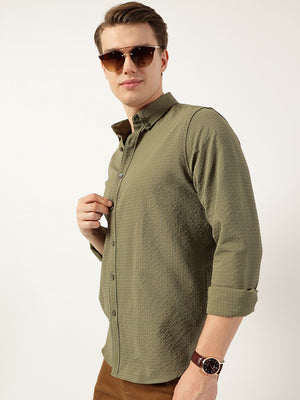 Thomas Scott Men Green Smart Button-Down Collar Textured Slim Fit Casual Shirt
