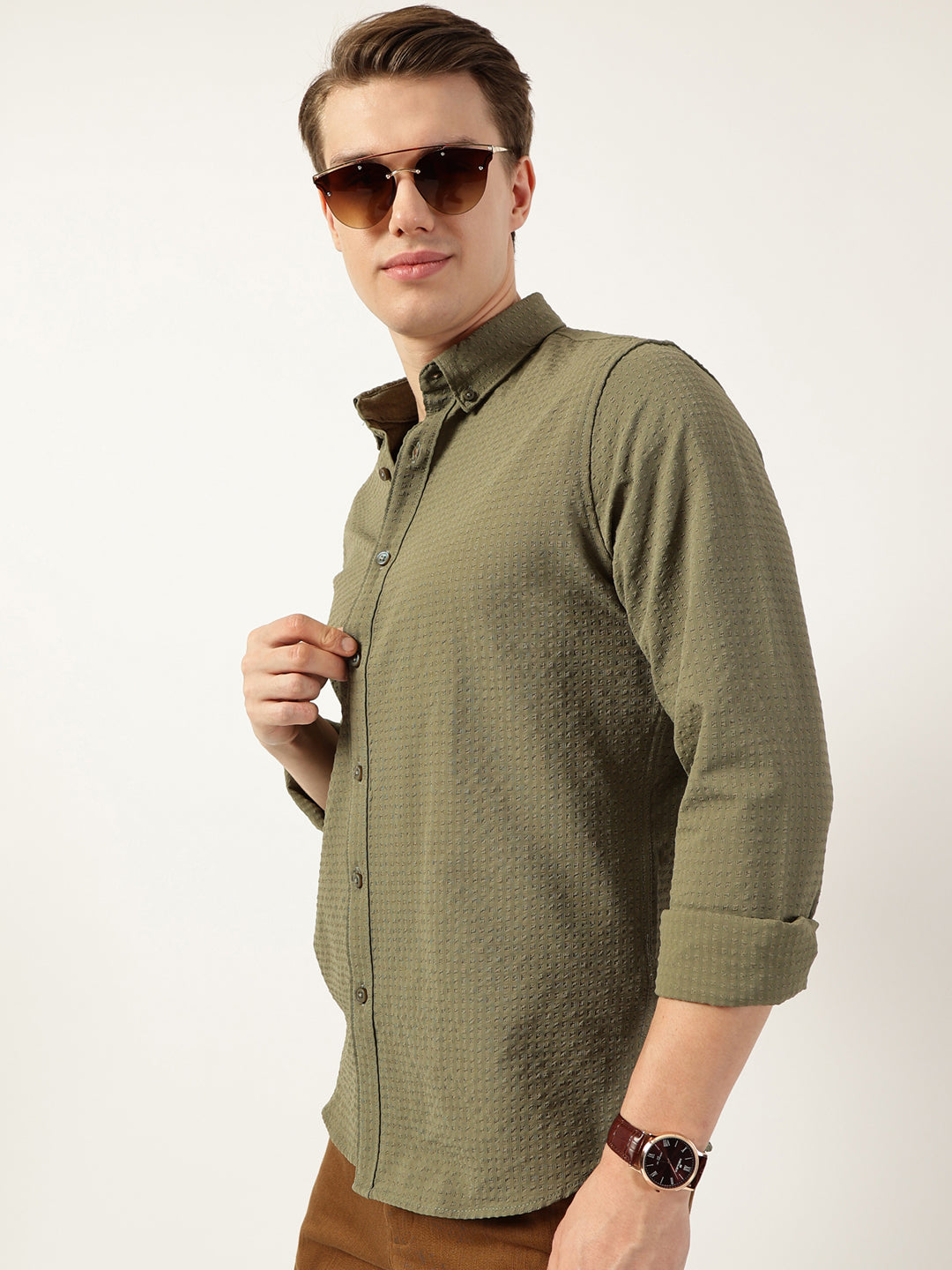 Thomas Scott Men Green Smart Button-Down Collar Textured Slim Fit Casual Shirt