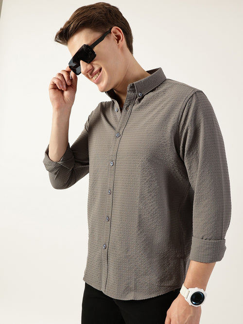 Thomas Scott Men Grey Smart Button-Down Collar Textured Slim Fit Casual Shirt