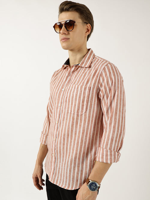 Thomas Scott Men Rust Classic Slim Fit Opaque Striped Casual Shirt