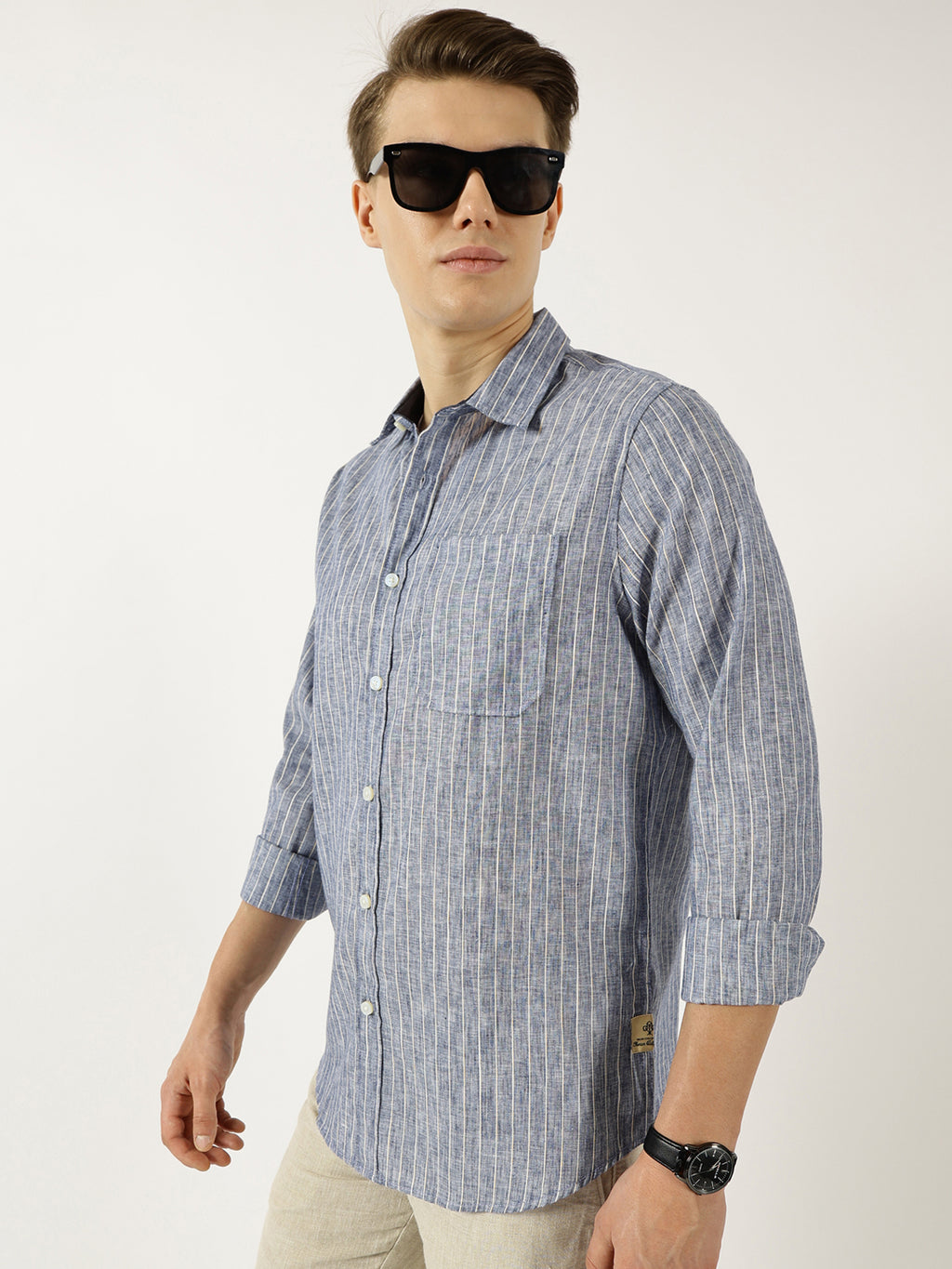 Thomas Scott Men Navy Classic Slim Fit Opaque Striped Casual Shirt