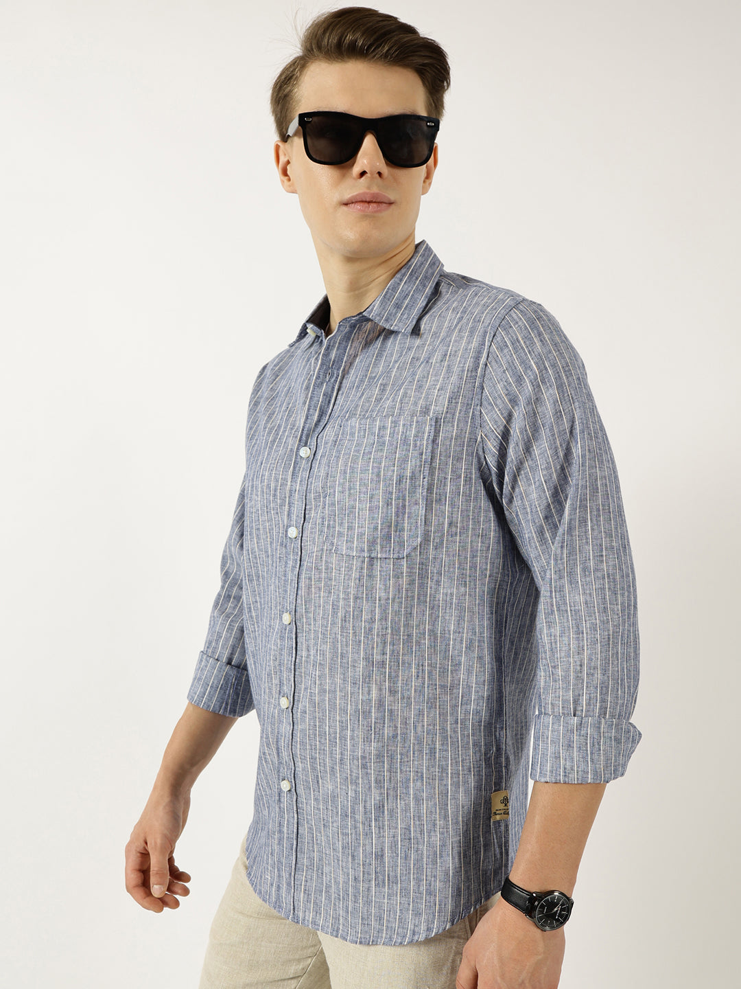 Thomas Scott Men Navy Classic Slim Fit Opaque Striped Casual Shirt