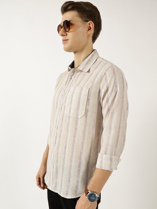 Thomas Scott Men Khaki Classic Spread Collar Vertical Striped Linen Slim Fit Casual Shirt