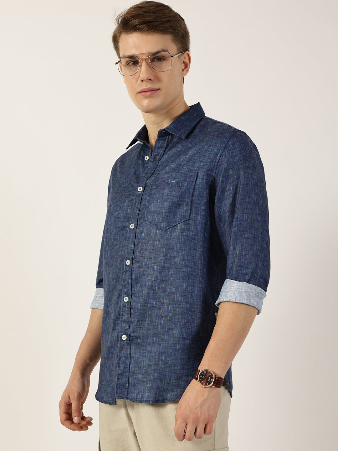 Thomas Scott Men Dark Blue Premium Slim Fit Opaque Casual Shirt
