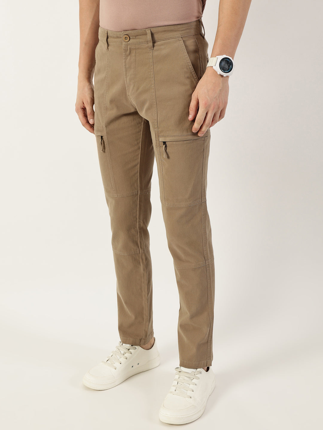 Thomas Scott Men Khaki Cotton Mid-Rise Regular Fit Trousers