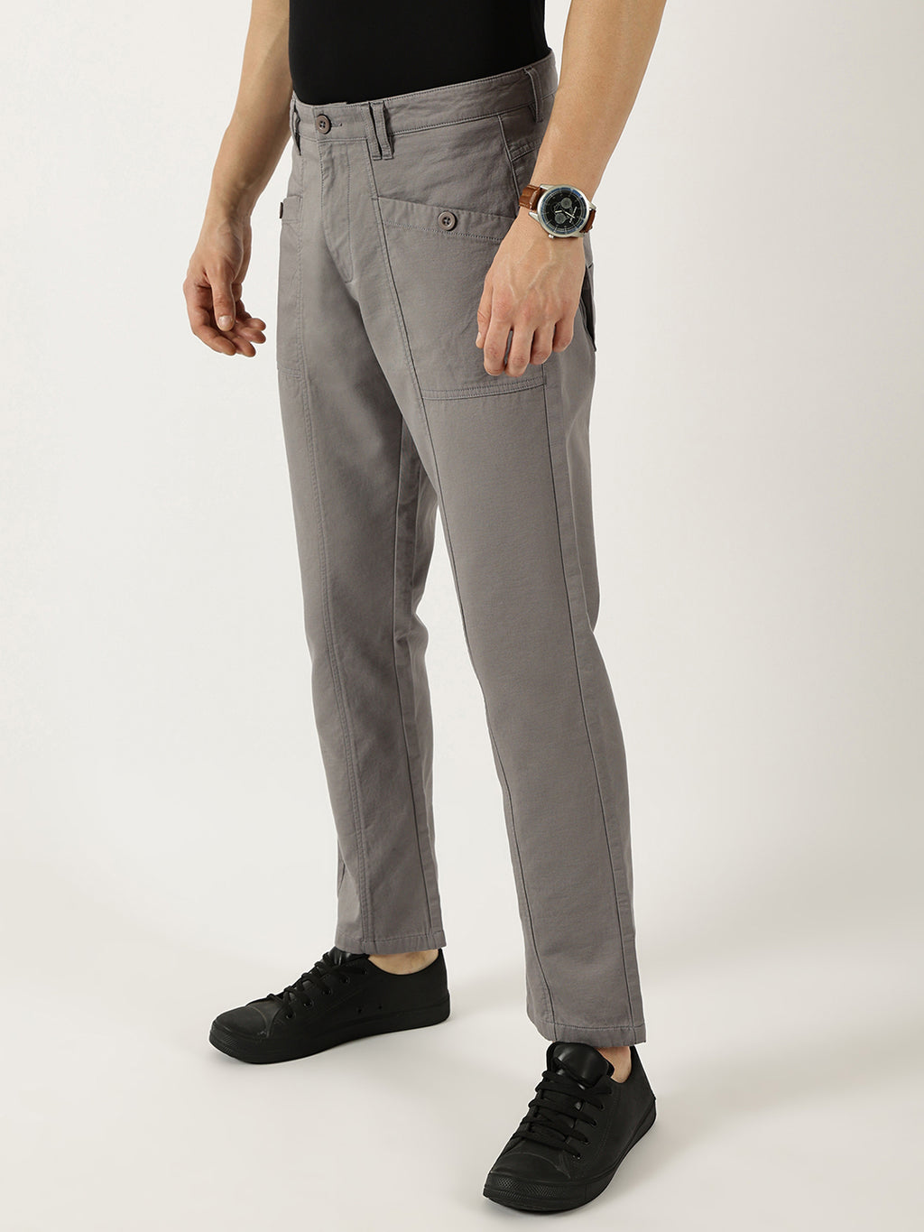 Thomas Scott Men Dark Grey Smart Easy Wash Cargos Trousers