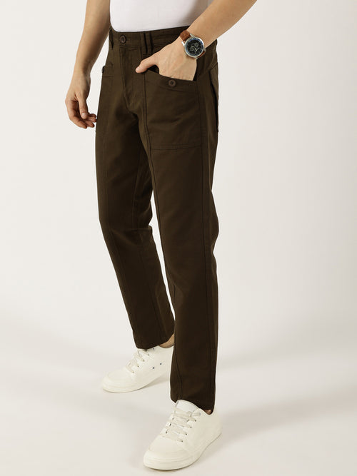 Thomas Scott Men Dark Olive Smart Easy Wash Cargos Trousers