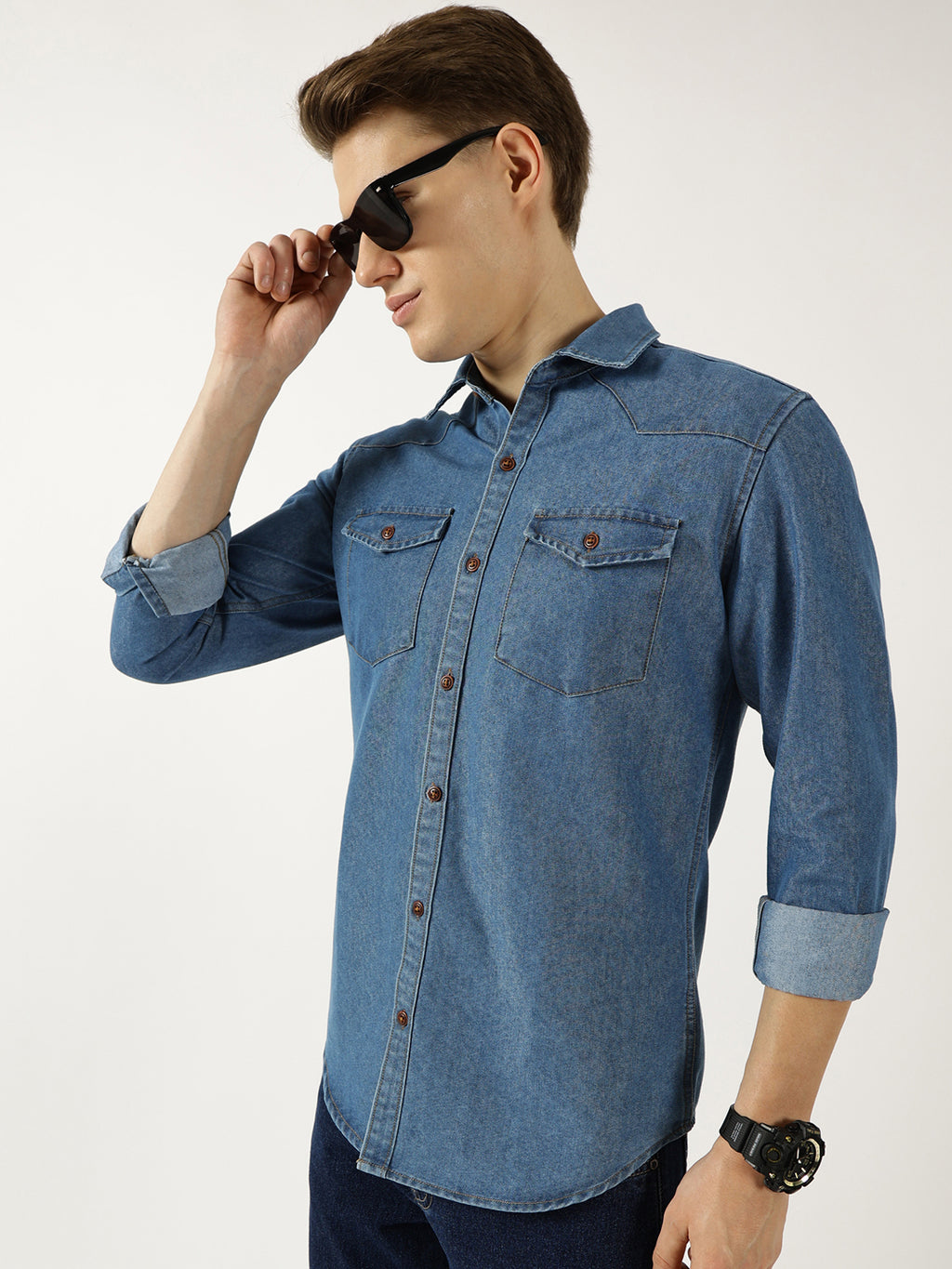 Thomas Scott Men MidBlue Classic Spread Collar Faded Cotton Slim Fit Casual Shirt