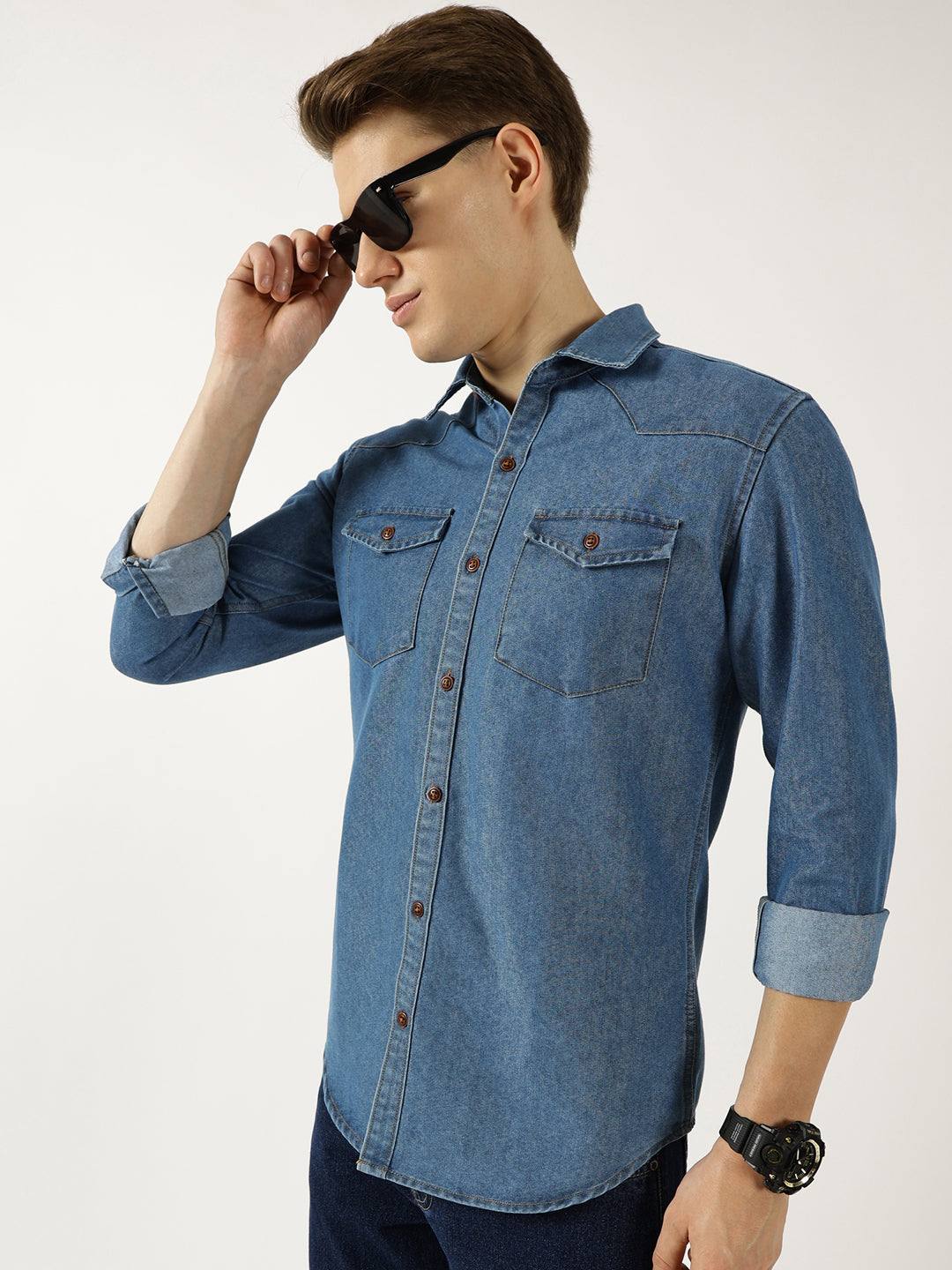 Thomas Scott Men MidBlue Classic Spread Collar Faded Cotton Slim Fit Casual Shirt