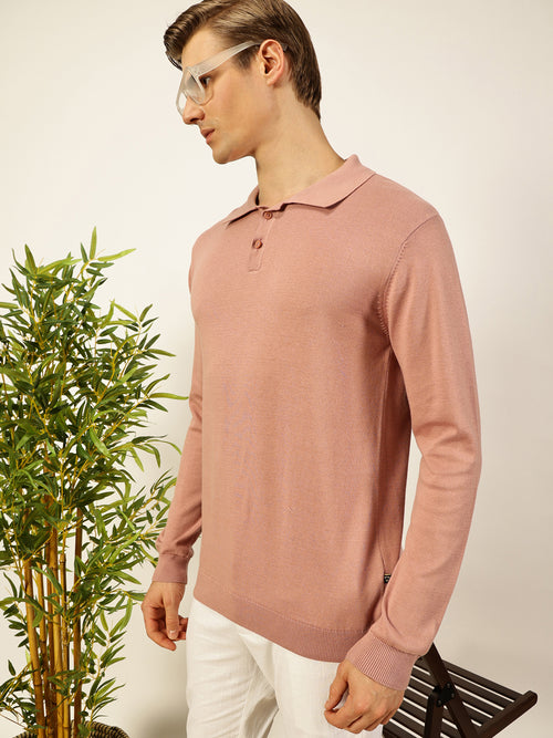 Thomas Scott Men Pink Knit Solid Polo Collar Cotton T-shirt