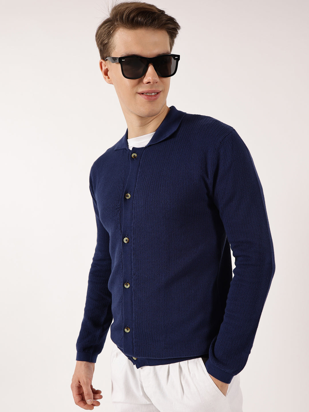Thomas Scott Men Navy Shirt Collar Long Sleeves Cardigan