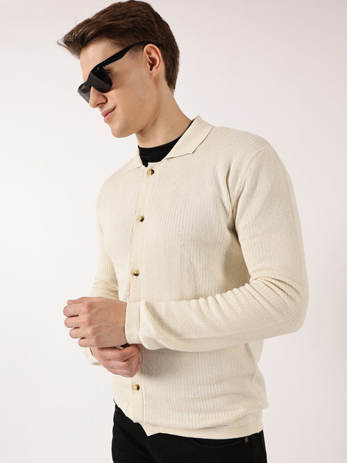 Thomas Scott Men Off White Ribbed Cotton Cardigan