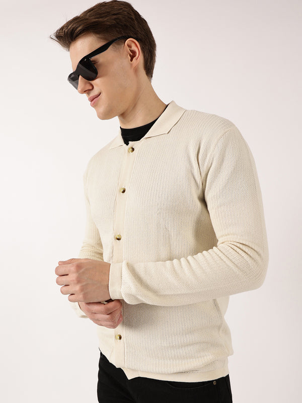 Thomas Scott Men Off White Ribbed Cotton Cardigan