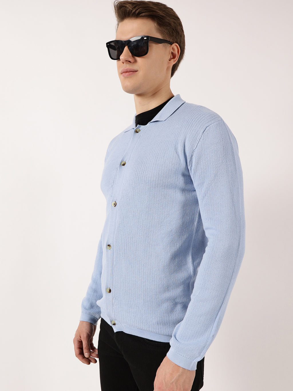 Thomas Scott Men Sky Blue Pure Cotton Ribbed Shirt Collar Cardigan Sweater