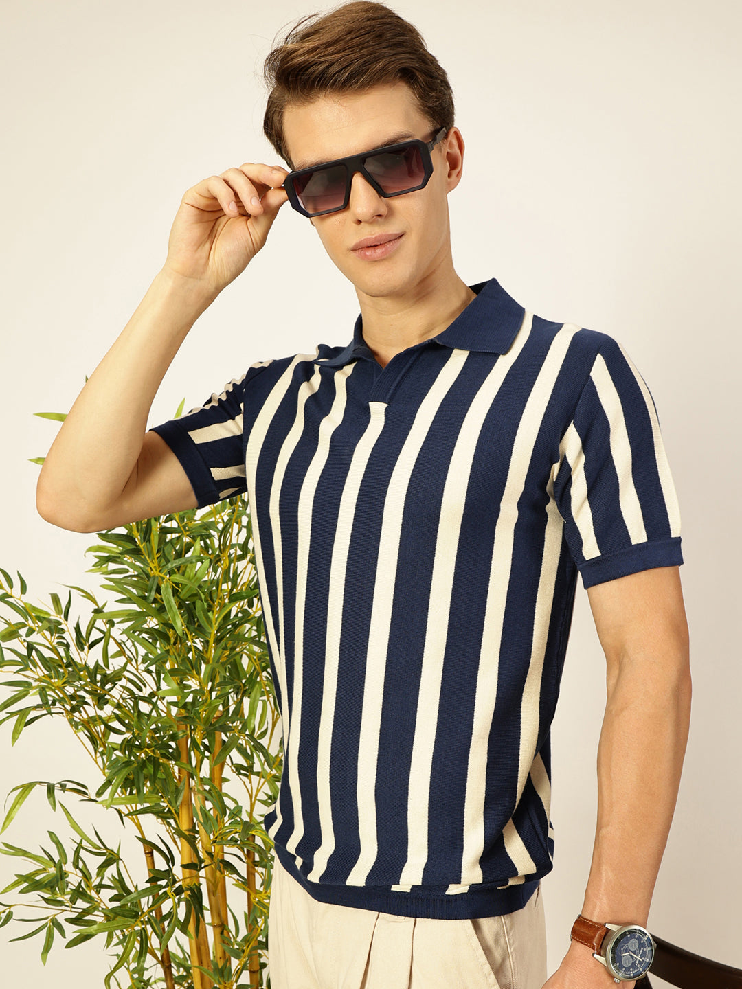 Thomas Scott Men Navy Blue Bio Finish Striped Polo Collar Cotton T-shirt