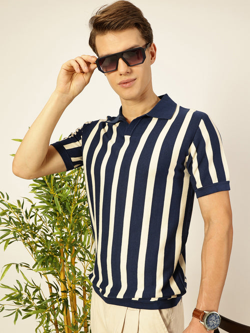 Thomas Scott Men Navy Blue Bio Finish Striped Polo Collar Cotton T-shirt