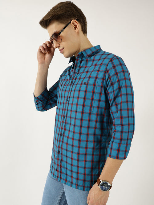 Thomas Scott Men Teal Classic Spread Collar Windowpane Checked Cotton Slim Fit Casual Shirt
