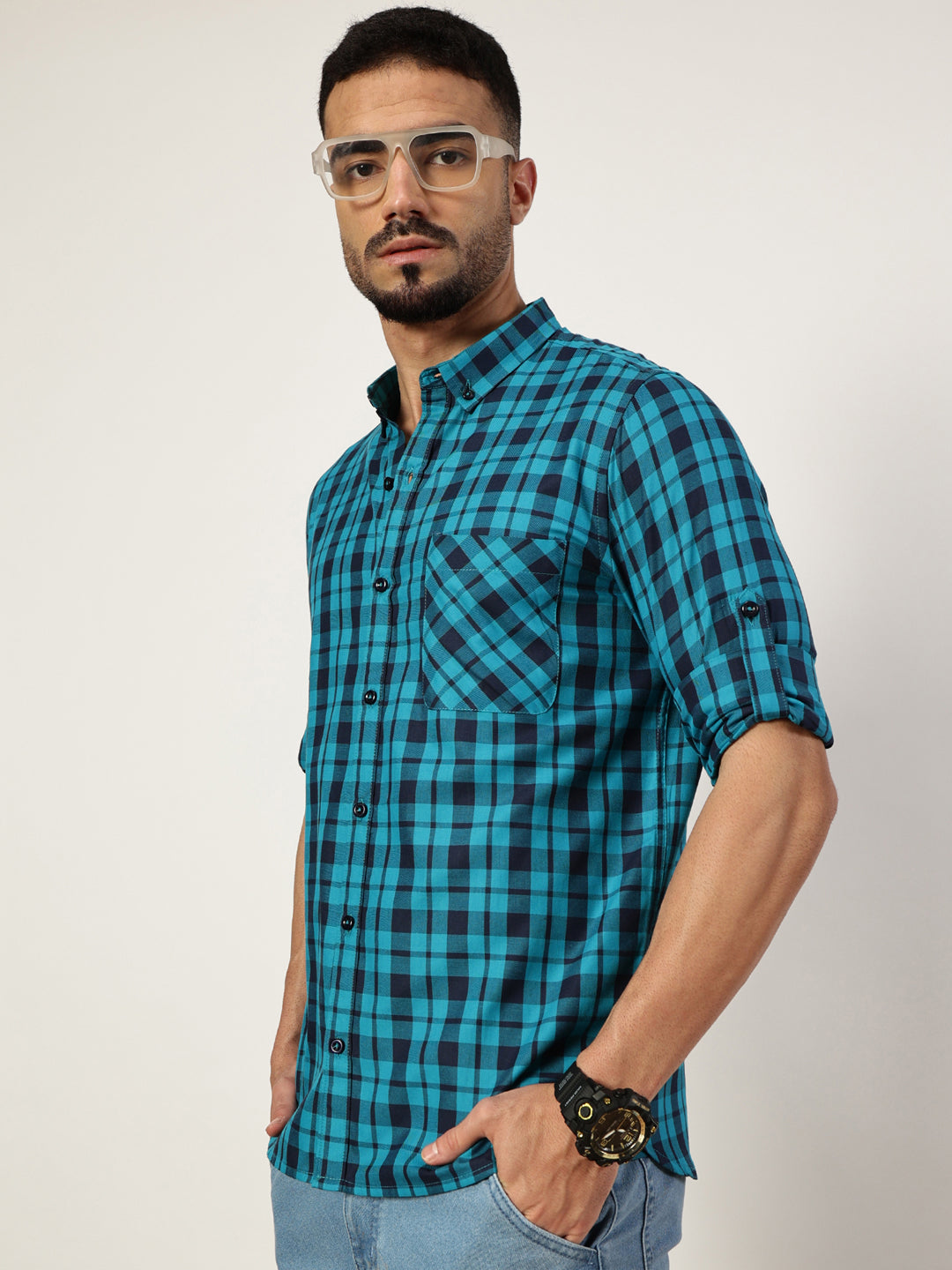 Thomas Scott Men Blue Premium Slim Fit Opaque Checked Casual Shirt