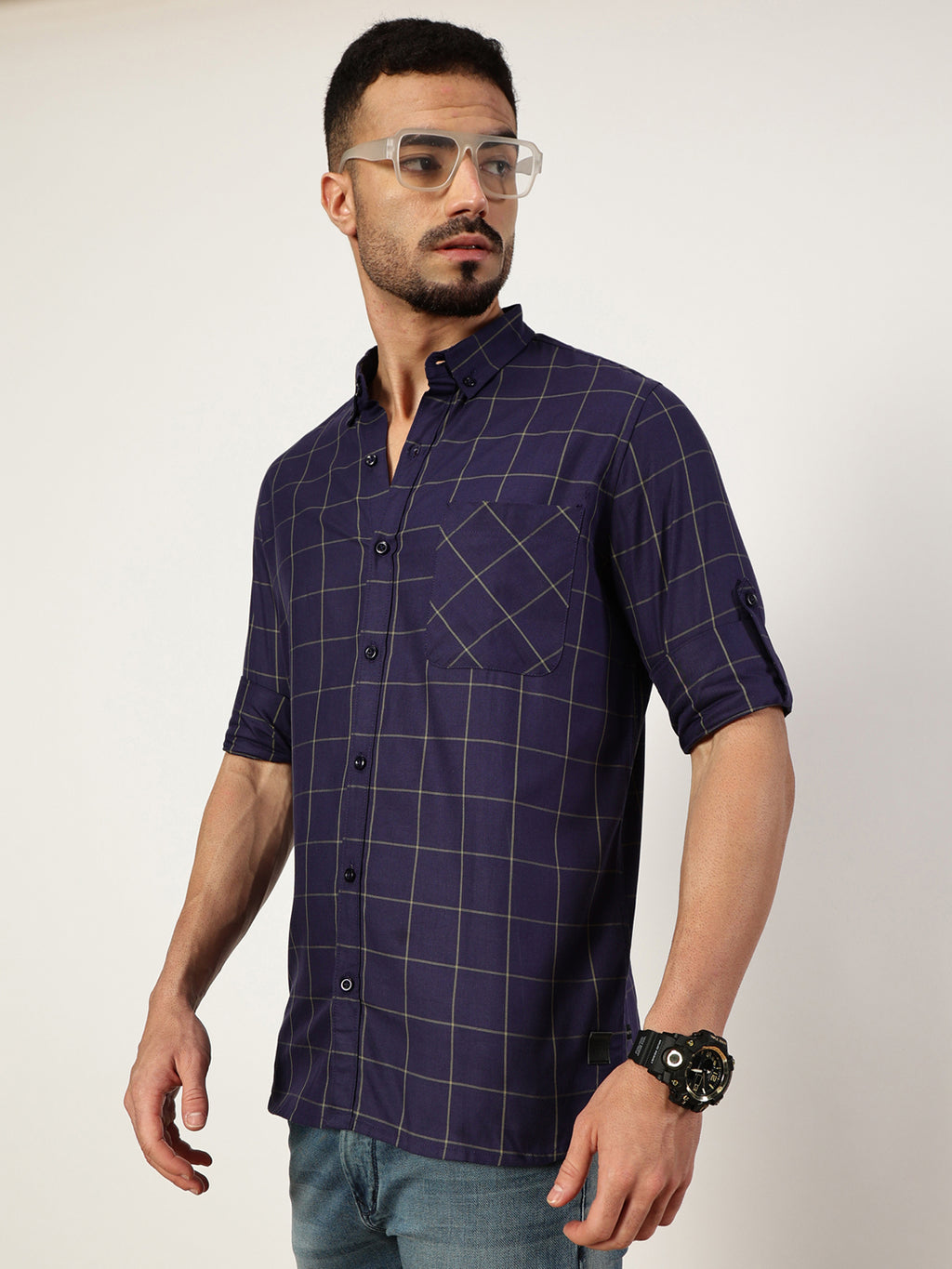 Thomas Scott Men Navy Blue Premium Slim Fit Opaque Checked Casual Shirt