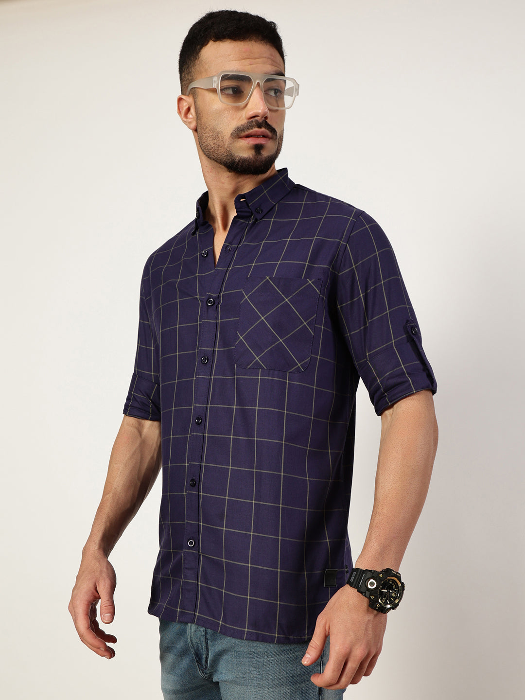 Thomas Scott Men Navy Blue Premium Slim Fit Opaque Checked Casual Shirt