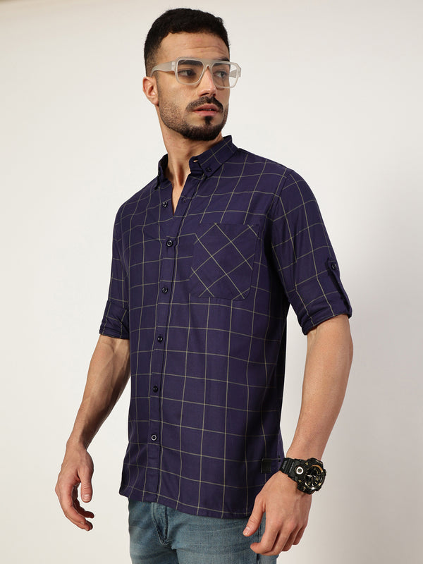 Navy Blue Premium Slim Fit Opaque Checked Casual Shirt For Men