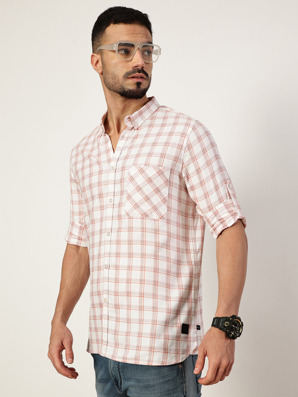 Thomas Scott Men White Premium Slim Fit Opaque Checked Casual Shirt
