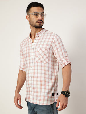 Thomas Scott Men White Premium Slim Fit Opaque Checked Casual Shirt