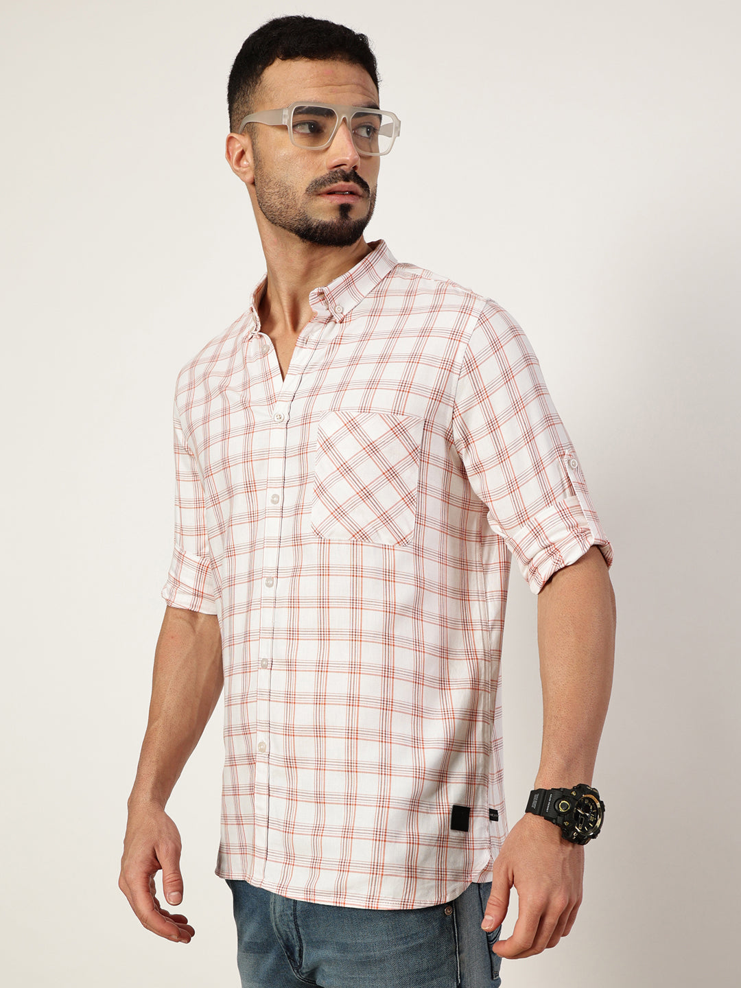 Thomas Scott Men White Premium Slim Fit Opaque Checked Casual Shirt