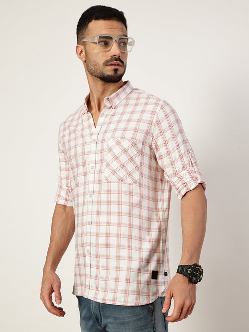 Thomas Scott Men White Premium Slim Fit Opaque Checked Casual Shirt