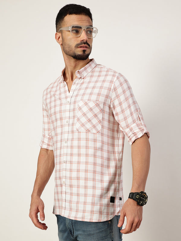 White Premium Slim Fit Opaque Checked Casual Shirt For Men