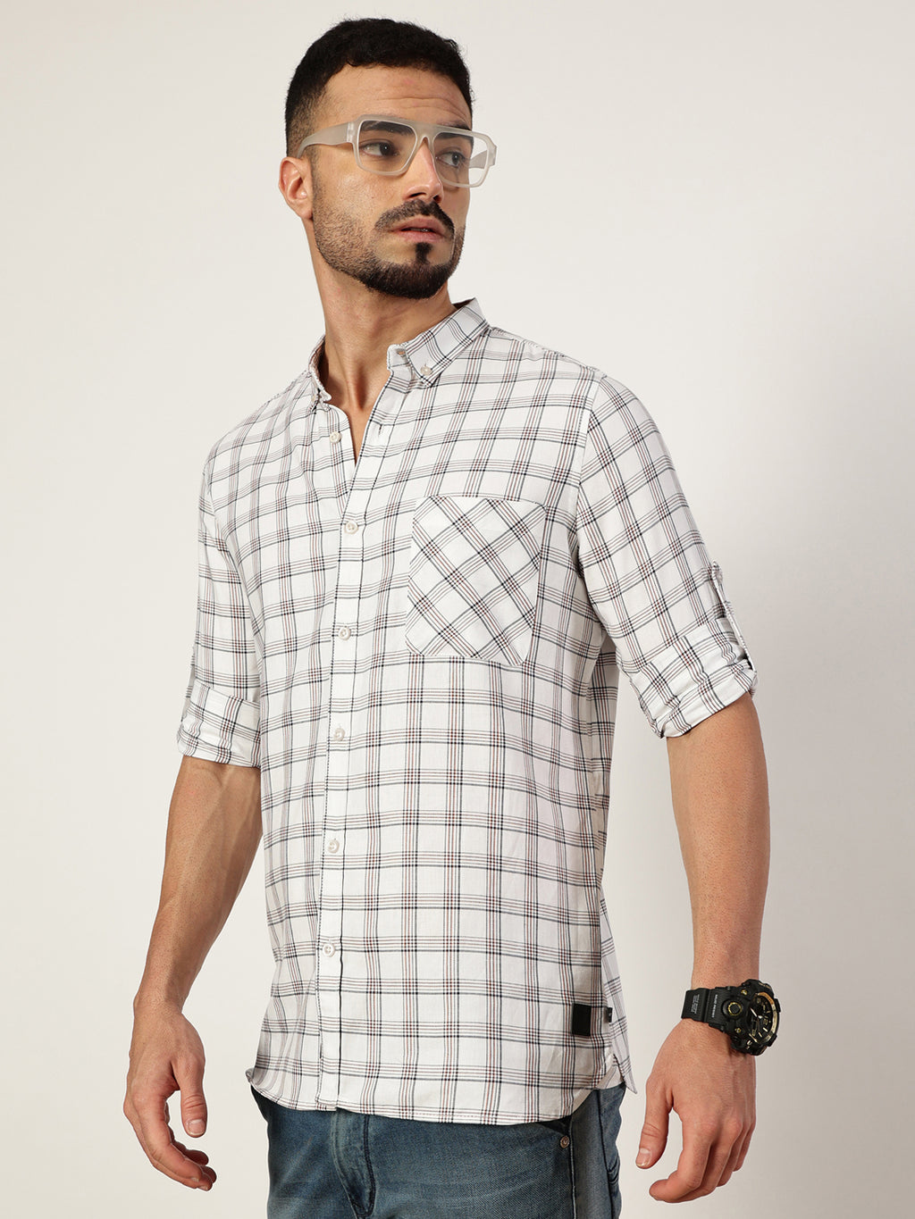 Thomas Scott Men White1 Premium Slim Fit Opaque Checked Casual Shirt