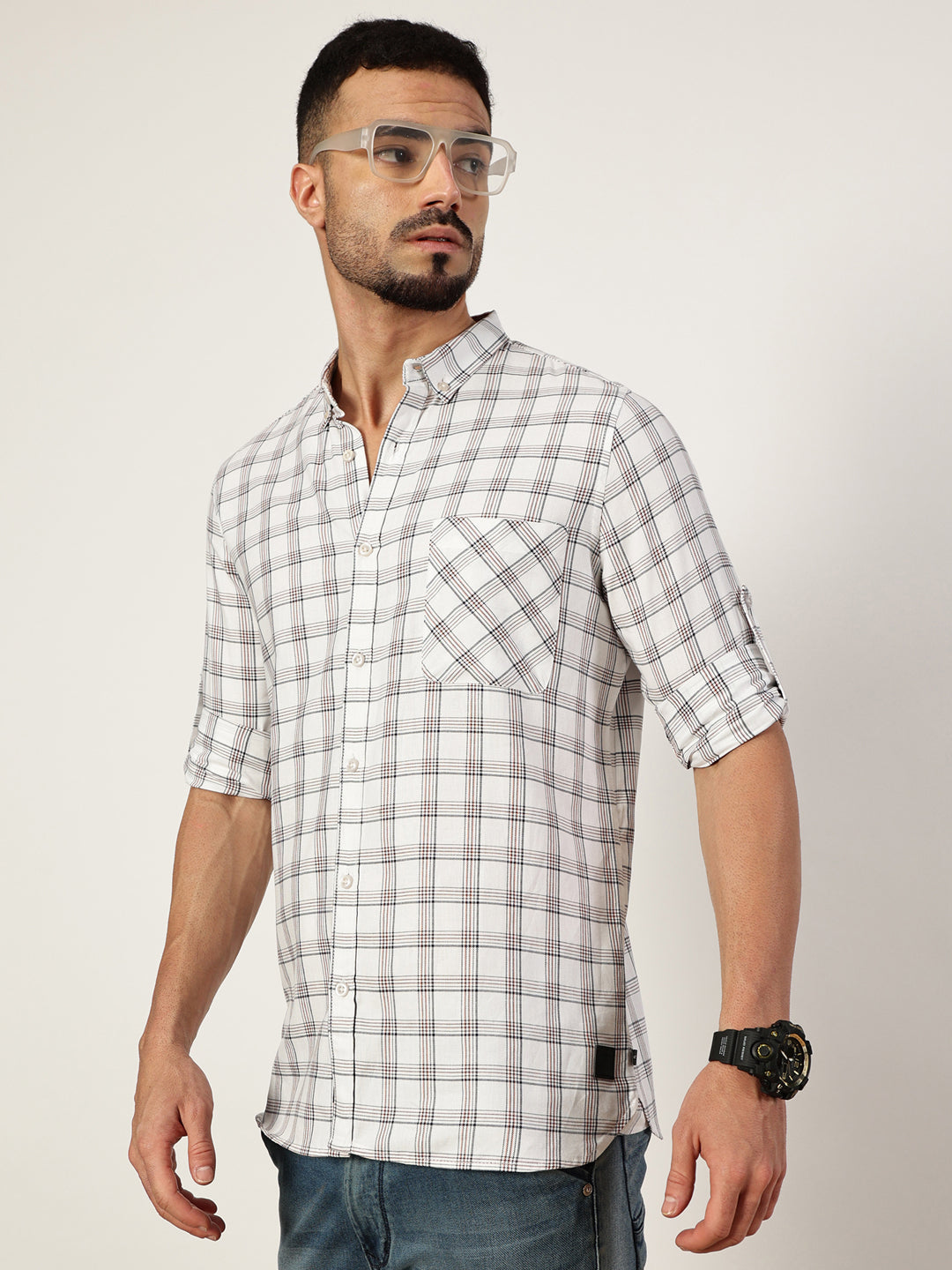 Thomas Scott Men White1 Premium Slim Fit Opaque Checked Casual Shirt
