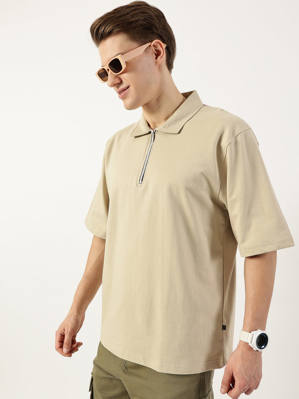 Thomas Scott Men Beige Polo Collar Bio Finish T-shirt