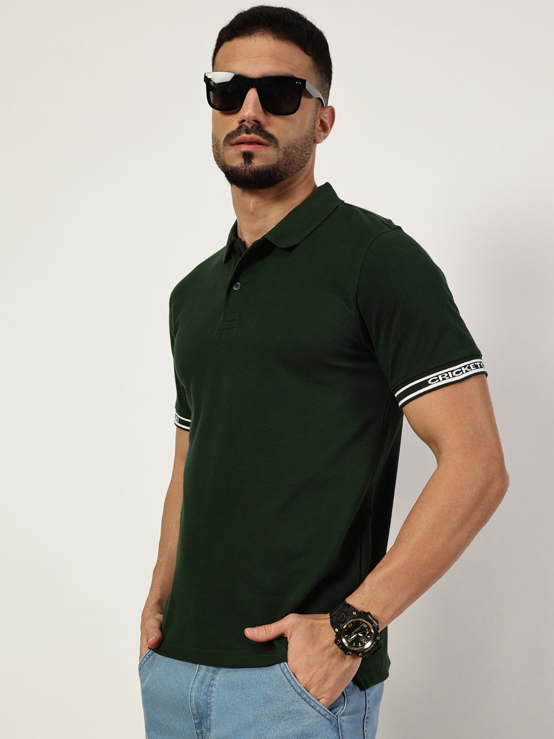 Thomas Scott Men Bottle Green Polo Collar Pockets T-shirt