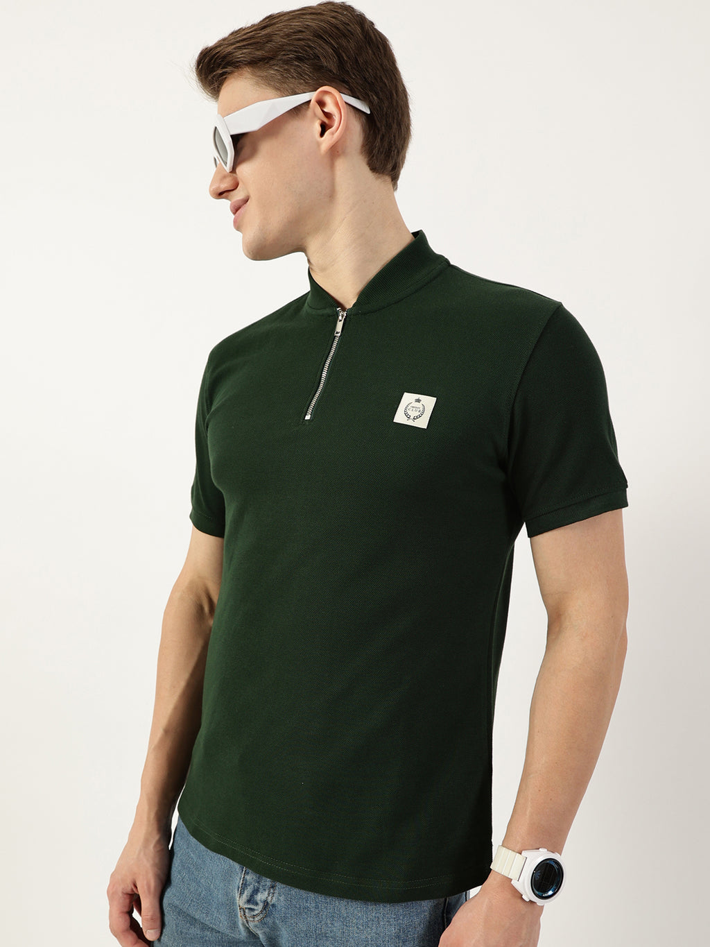 Thomas Scott Men Bottle Green Mandarin Collar T-shirt