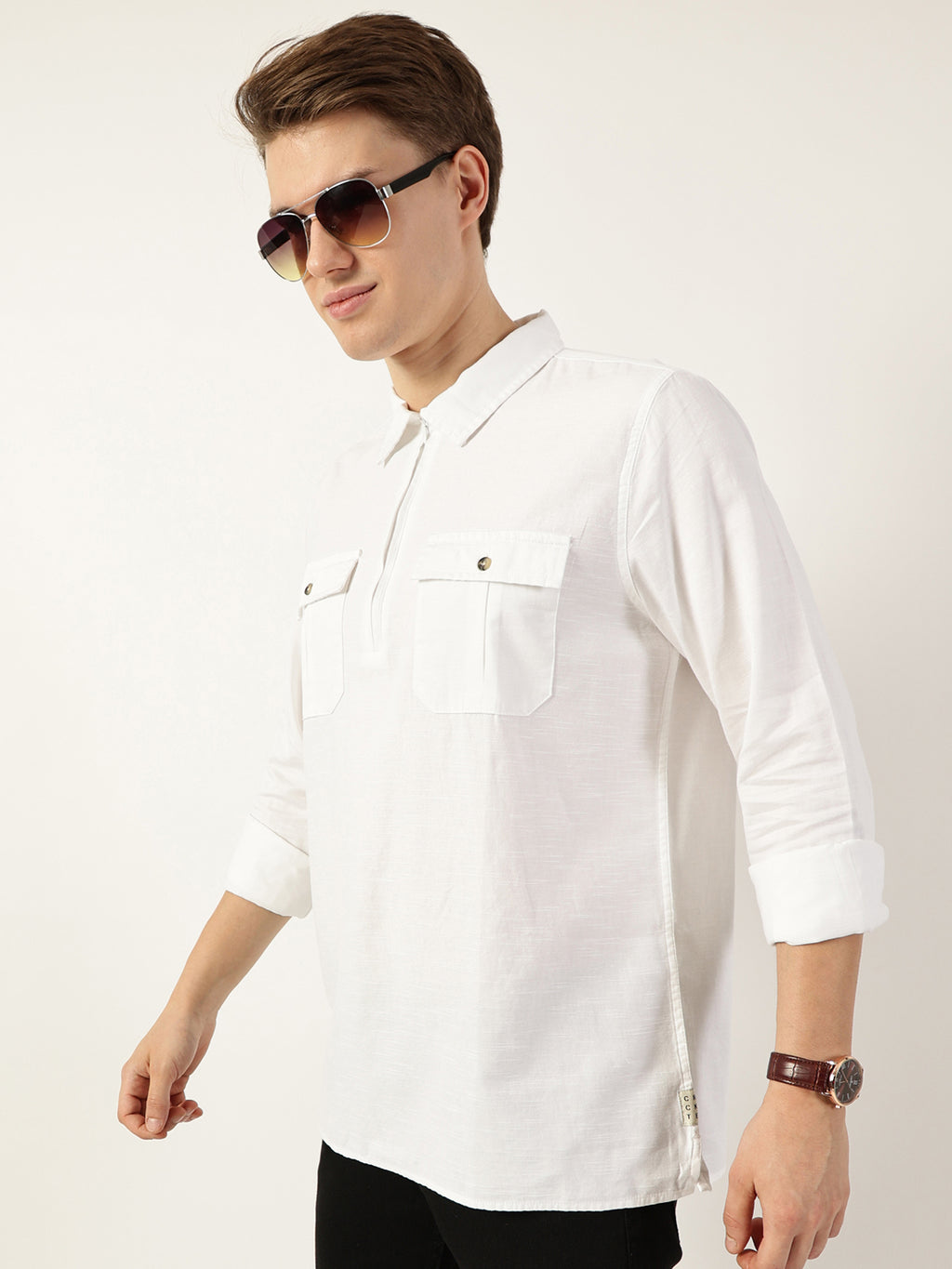 Thomas Scott Men White Classic Spread Collar Solid Cotton Casual Shirt