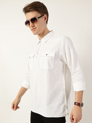 Thomas Scott Men White Classic Spread Collar Solid Cotton Casual Shirt