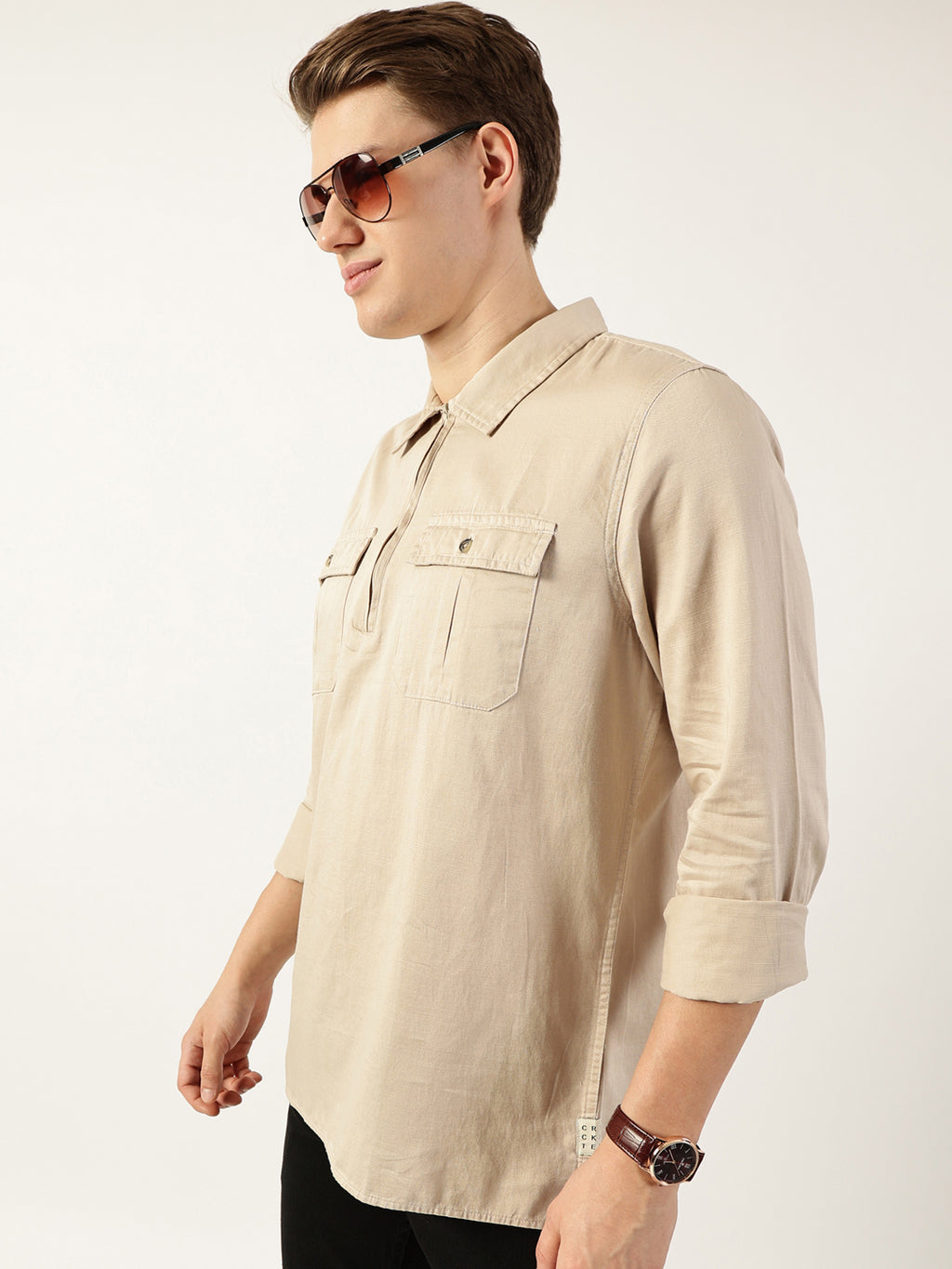 Thomas Scott Men Beige Classic Spread Collar Solid Cotton Casual Shirt