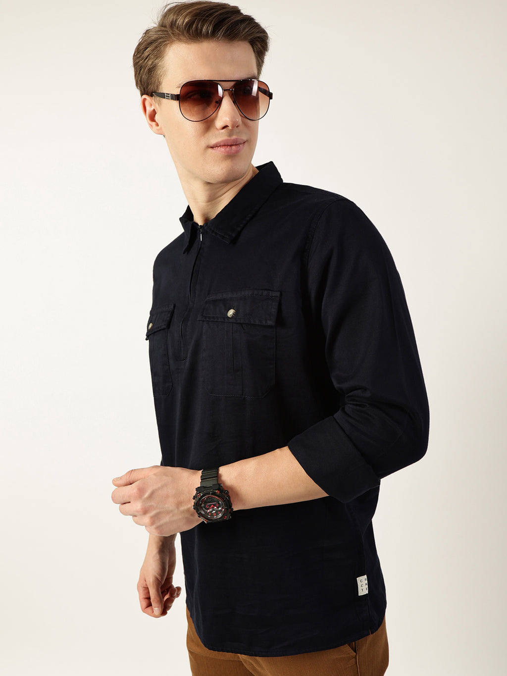 Thomas Scott Men Navy Classic Spread Collar Solid Cotton Casual Shirt