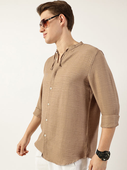 Thomas Scott Men Beige Classic Mandarin Collar Solid Slim Fit Casual Shirt