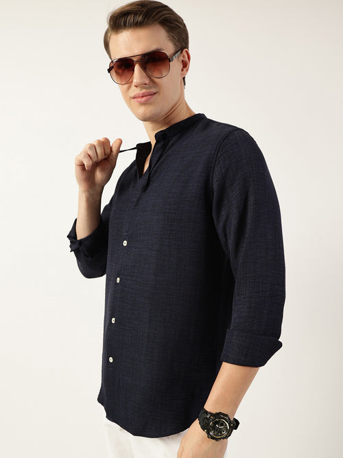 Thomas Scott Men Navy Classic Band Collar Textured Slim Fit Casual Shirt