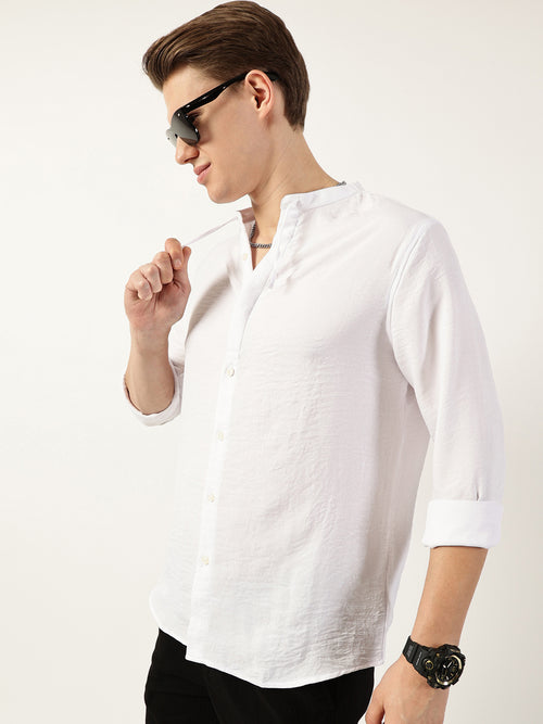 Thomas Scott Men White Classic Mandarin Collar Solid Slim Fit Casual Shirt