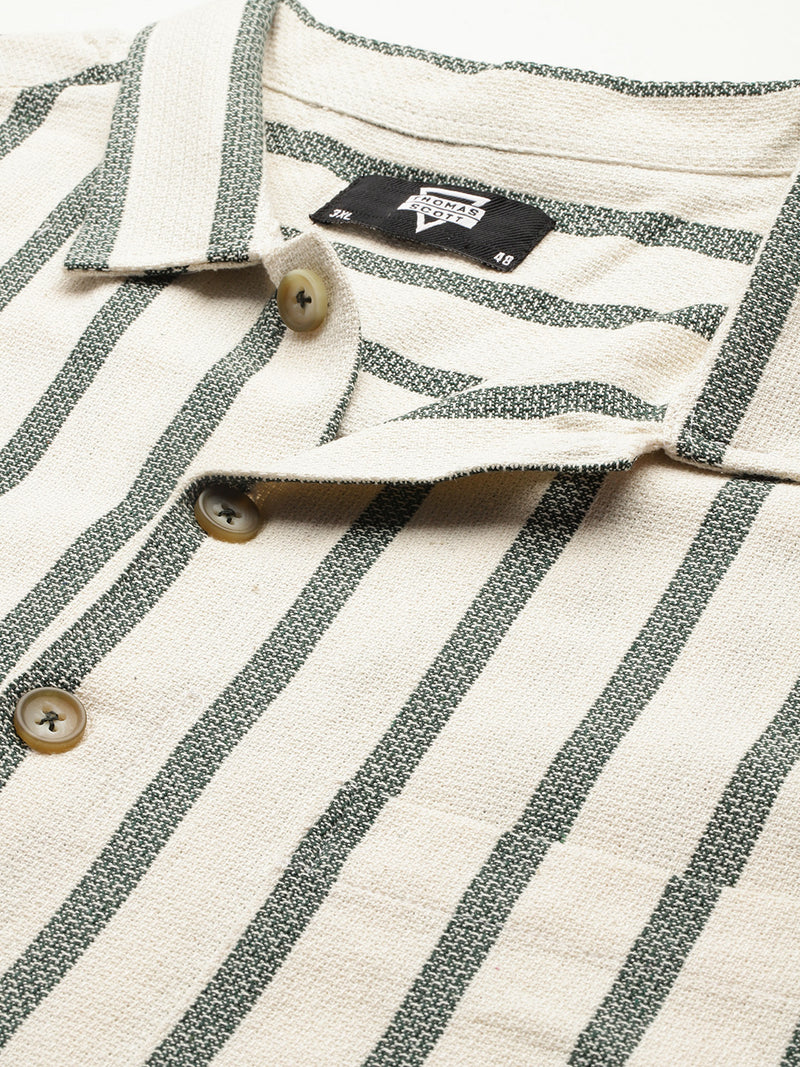 Thomas Scott Men B.Green Plus Size Premium Striped Pure Cotton Casual Shirt