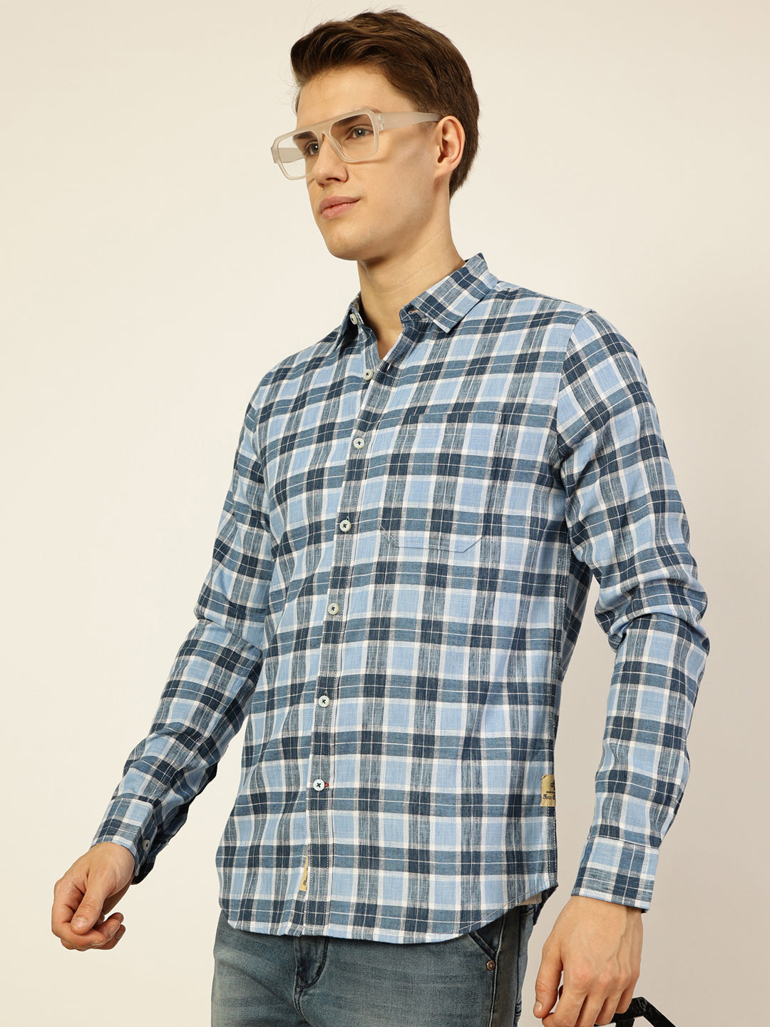 Thomas Scott Men Blue Premium Checked Linen Slim Fit Casual Shirt