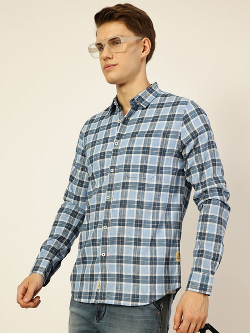 Thomas Scott Men Blue Premium Checked Linen Slim Fit Casual Shirt
